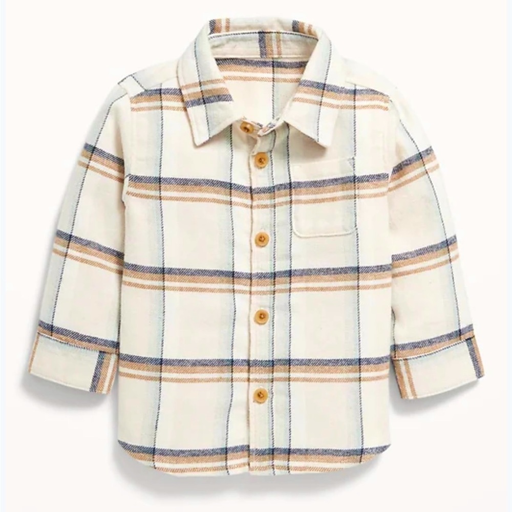 🛑 4 For $10 Old Navy Soft Brushed Flannel Tan and Blue Plaid Shirt 6-12 months